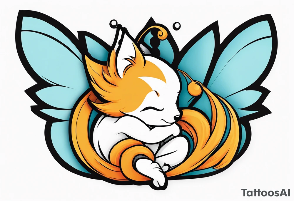 A fairy with a tail inspired by the logo of the show called Fairy Tail in a fetal position leaning in tattoo idea