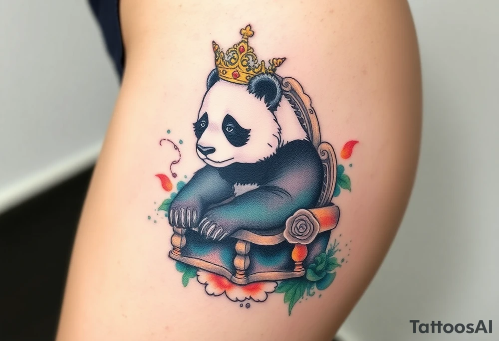 powerful superior panda with a crown, sexy princess on a throne looking down at her worshippers tattoo idea