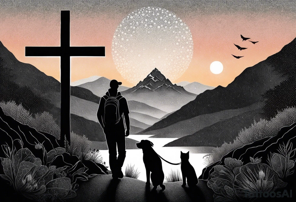 nature, sunset, mountains, a father and son hiking with their dog and cat and a cross tattoo idea