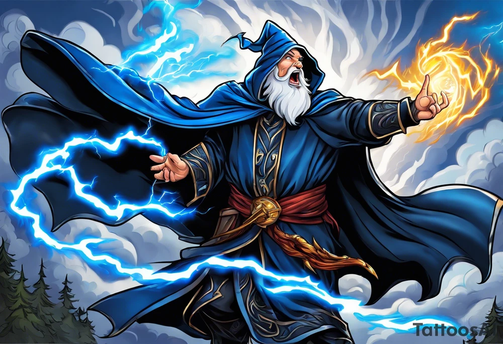 Yelling wizard directing a lightning strike with blue lightning and a black cloak tattoo idea