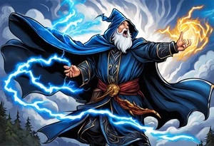 Yelling wizard directing a lightning strike with blue lightning and a black cloak tattoo idea