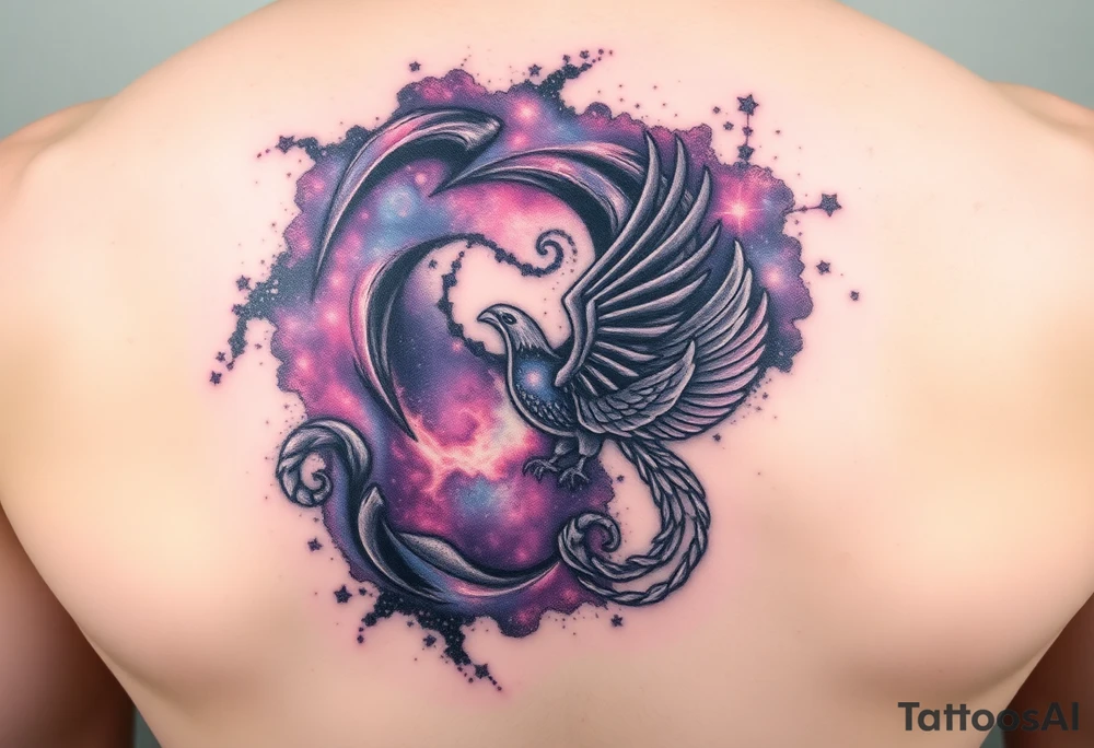 A swirling galaxy nebula, with embedded constellations forming the shapes of a scorpion, eagle, and phoenix. Textured cosmic dust and vibrant colors create depth and obscure the original tattoo. tattoo idea