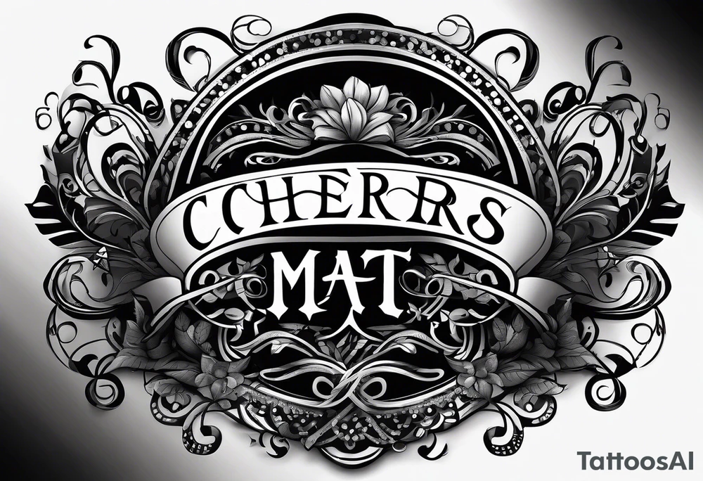 "Cheers Mate" text black and grey ink armband, intricate, artistic +abstract +grey Cancer Ribbon tattoo idea