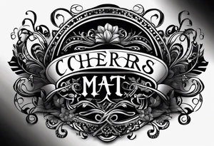 "Cheers Mate" text black and grey ink armband, intricate, artistic +abstract +grey Cancer Ribbon tattoo idea