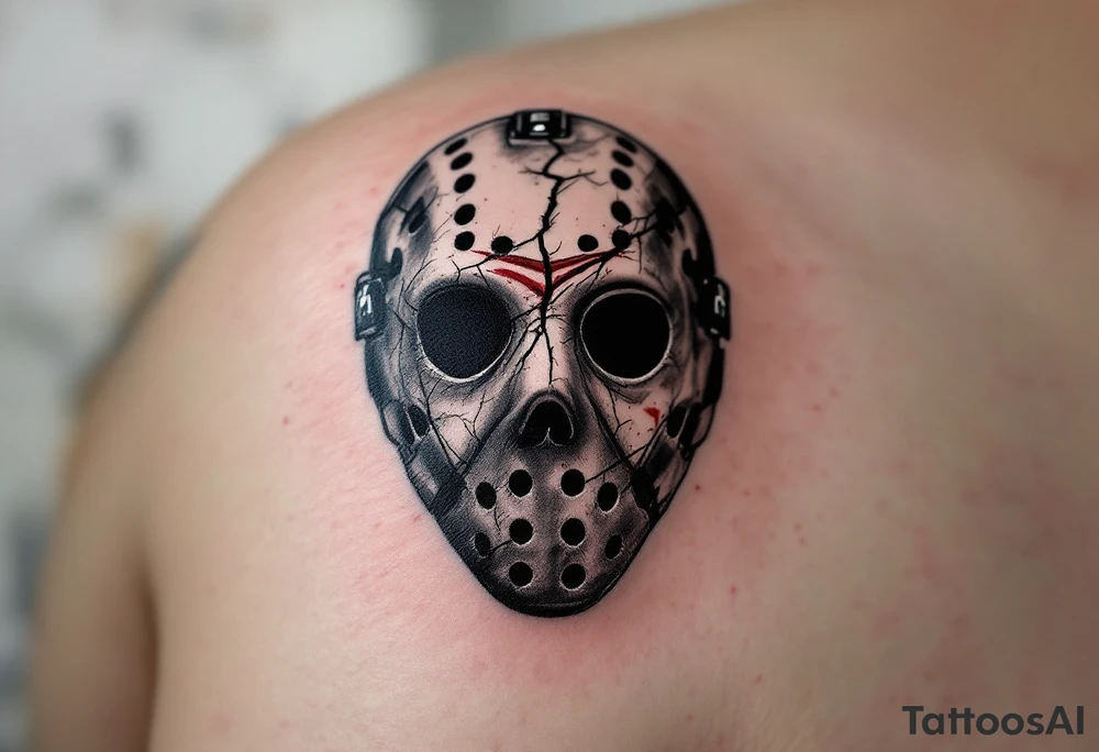 Vintage Goalie Mask with Cracks – A detailed black and gray goalie mask with subtle red scratches, cracked down the center like battle damage, set on a smoky background. tattoo idea