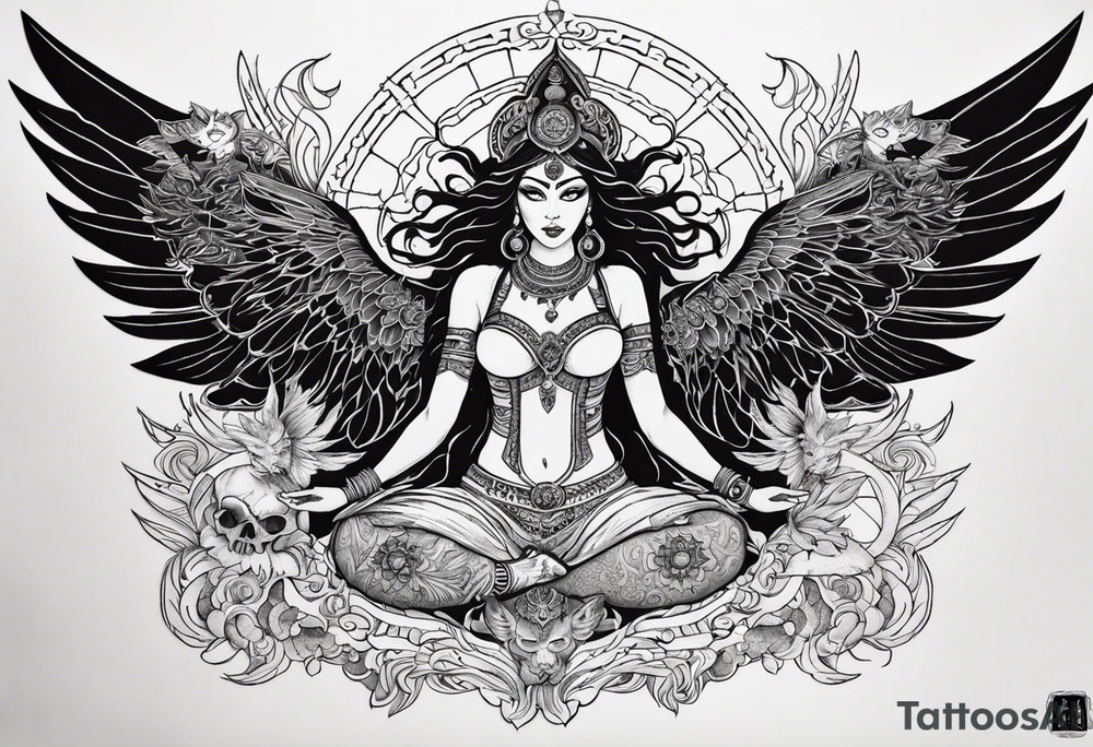 black kali, goddess pirate, alien, angel, pachamama, valkrye, warrior, flying, skull, lotus azul, wing, eagle, zenza resonance, stars, 5D, anahata chakra, death, durga, riding on a tiger, flying lady, chest tatoo tattoo idea