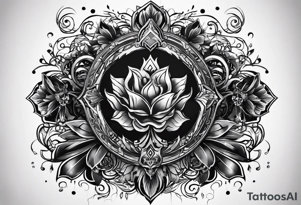 a tattoo with concept of adding buffs to luck for people who place it on their body. This tattoo will be in dark gothic and realistic art style, with Emblems presenting luck. No skulls or any dead meanings on the tattoo. tattoo idea