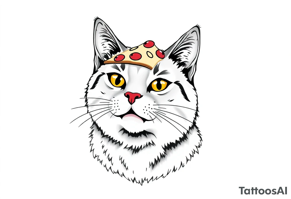 fat grey tabby cat portrait with pizza slice on its head tattoo idea