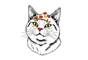 fat grey tabby cat portrait with pizza slice on its head tattoo idea