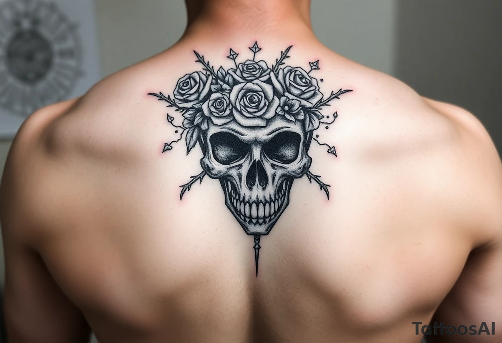 ornate skull adorned with crown of wild roses and thorns tattoo idea