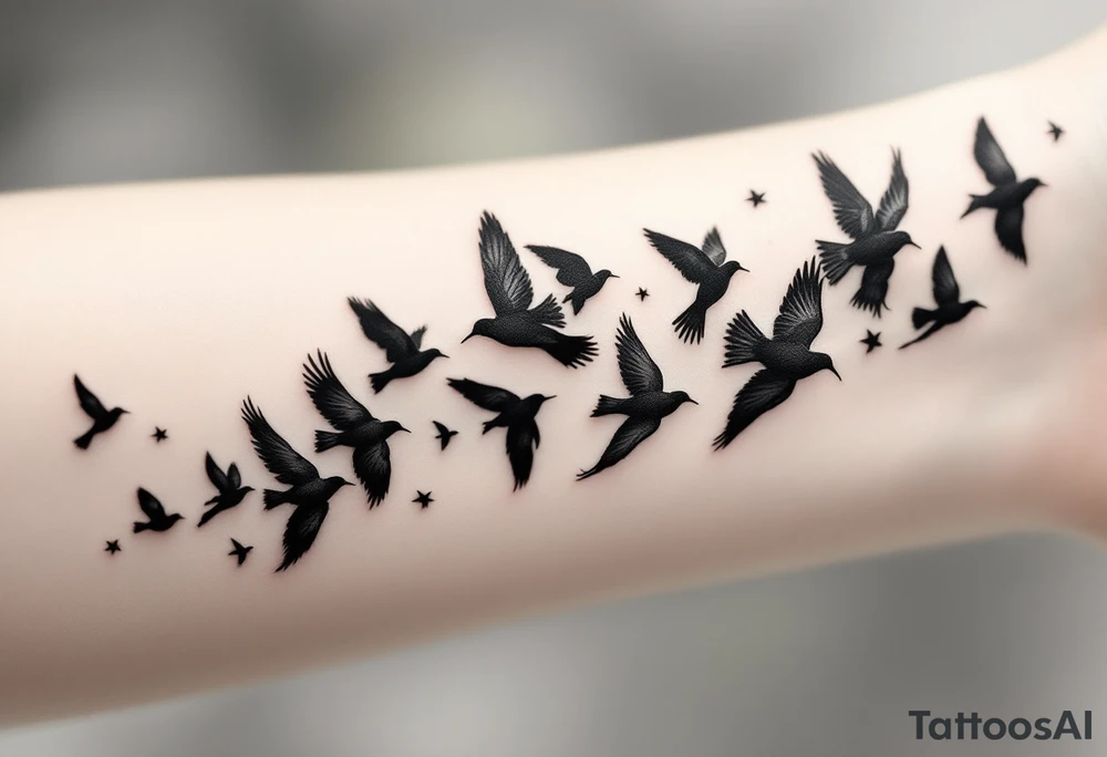 Flock of birds in flight across a fading sky – A dynamic group of birds soaring in various stages of flight, moving from the wrist toward the shoulder (or across the back). The birds start as detailed silhouettes in rich black and gradually become lighter and more abstract, as if dissolving into the wind. tattoo idea