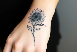 a sunflower and stem with the name jaxxon embedded in the stem tattoo idea
