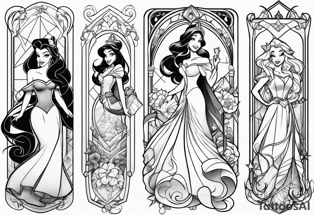 Disney princesses and Disney villains mixed together on an arm sleeve tattoo idea