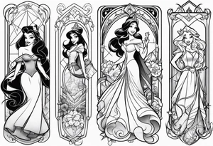 Disney princesses and Disney villains mixed together on an arm sleeve tattoo idea