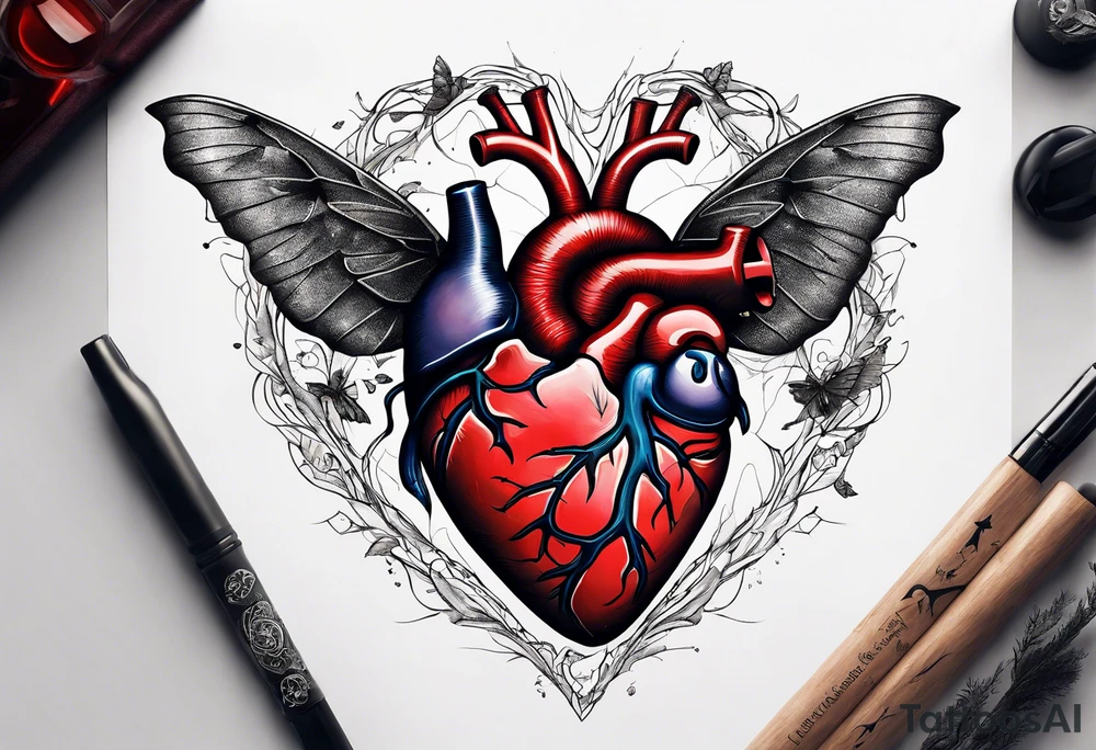 Anatomical heart, broken, laying on ground, Moth flying above the heart tattoo idea