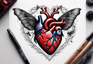 Anatomical heart, broken, laying on ground, Moth flying above the heart tattoo idea