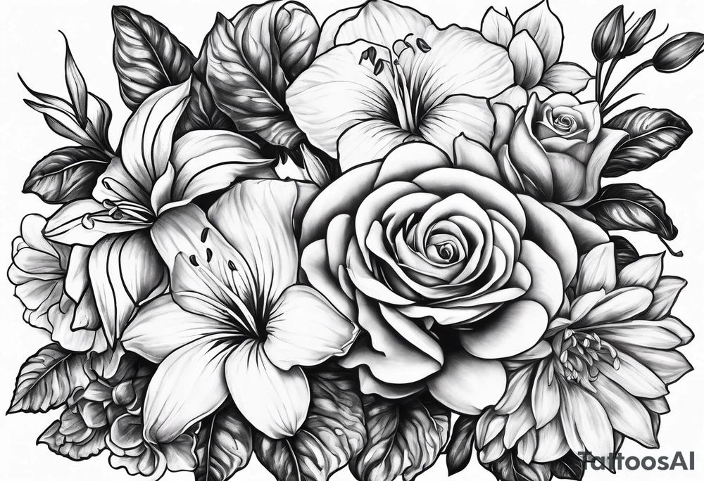 Rose orchid lily marigolds hydrangeas begonia dog wood gerber daisies tattoo idea
