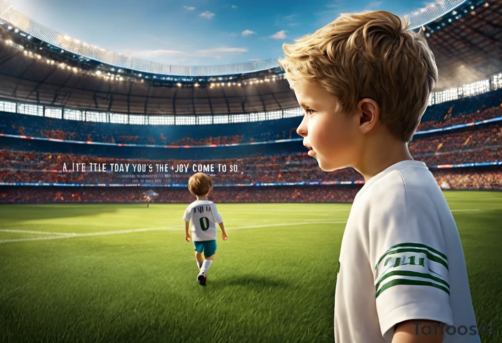 A little boy with the number 10 on his back walking into a stadium with a cross above it and a saying Roman’s 8:18 “ the pain you are feeling today, can’t compare to the joy to come tomorrow.” As well with 5 stars around it and in each star I want the number 15, 2 , 25, 27, 2 . tattoo idea