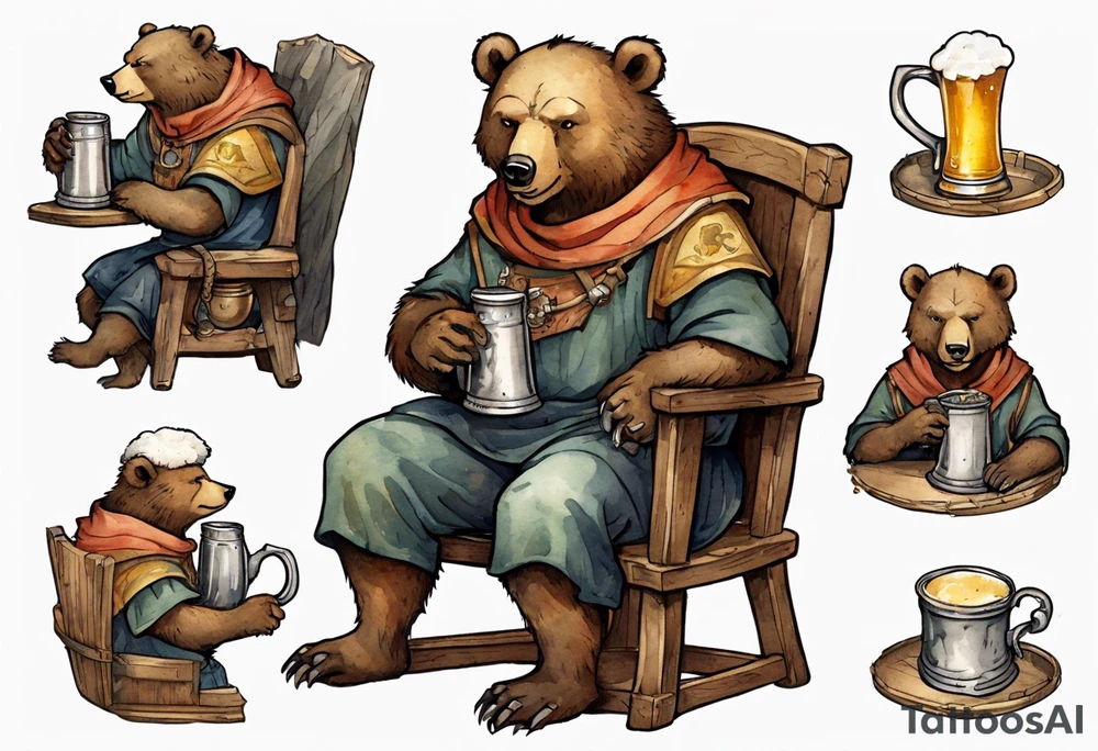 a medieval bear-human hybrid wearing a tunic and coif and drinking from a pewter mug of beer in a tavern, sitting in a chair, smiling tattoo idea
