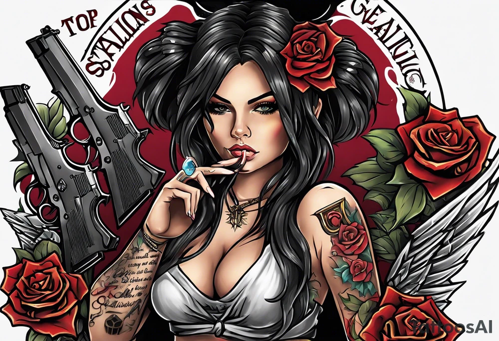 My tattoo idea is a female well endowed angle holding two items in her hand which is a glock in the right an a joint she smoking in the left behind her is gremlins with blades an sickles surrounding her an under all of that the word salvation is earned with blooding dripping from the words tattoo idea