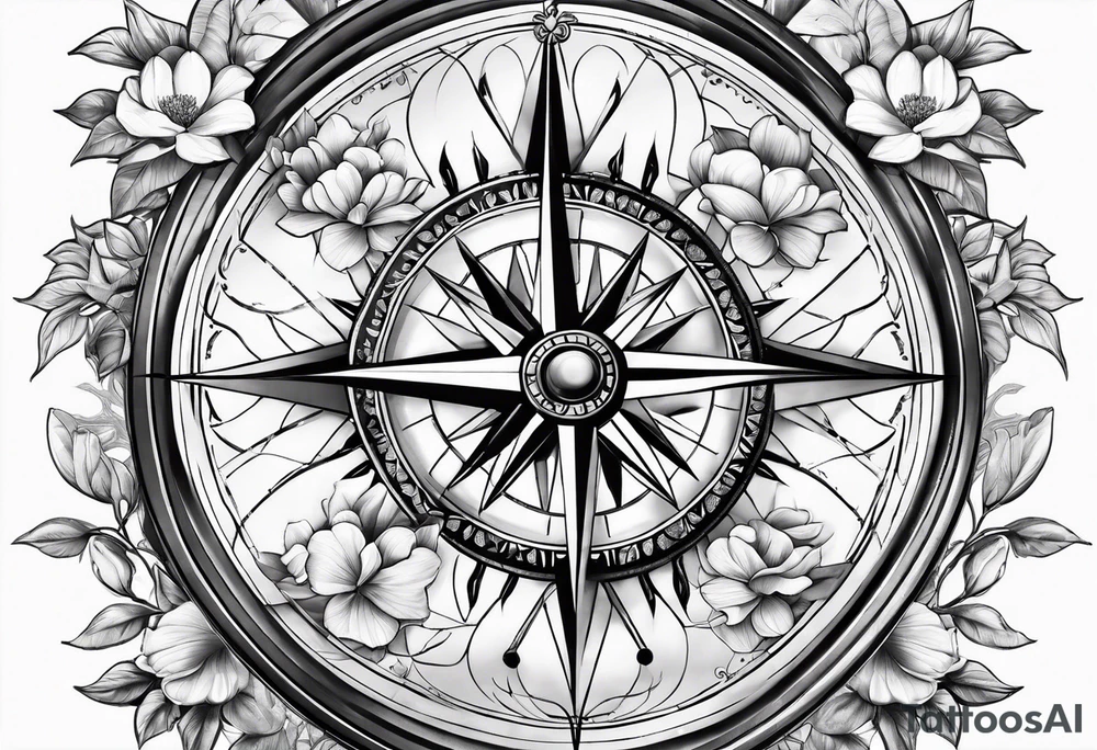 ancient compass with magnolia flowers tattoo idea