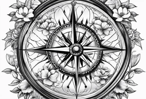 ancient compass with magnolia flowers tattoo idea