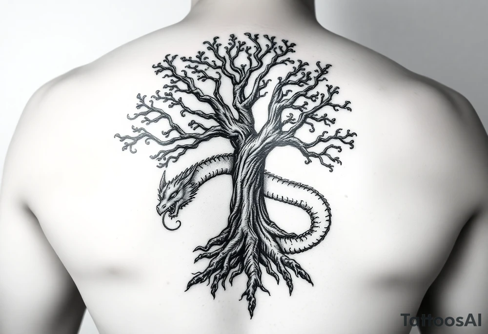 tree of life with a dragon encircling it. the trees roots are absorbing the dragons tale while the dragon eats the top of the tree tattoo idea