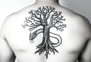 tree of life with a dragon encircling it. the trees roots are absorbing the dragons tale while the dragon eats the top of the tree tattoo idea