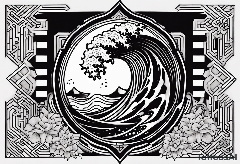 a shoulder tattoo with a Japanese wave cresting over the top of the Chinese symbol for good luck, against a background of geometric hex patterns with a 3d effect with skin tears. tattoo idea