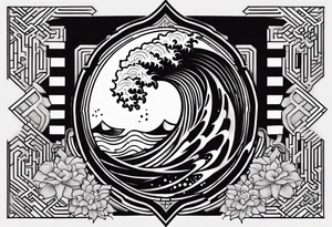 a shoulder tattoo with a Japanese wave cresting over the top of the Chinese symbol for good luck, against a background of geometric hex patterns with a 3d effect with skin tears. tattoo idea