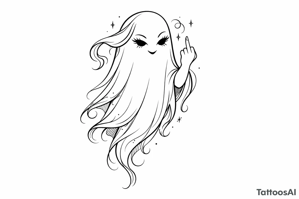 Minimalist line art girly ghost, cheekily raising middle finger, slender form. tattoo idea