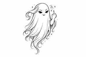 Minimalist line art girly ghost, cheekily raising middle finger, slender form. tattoo idea