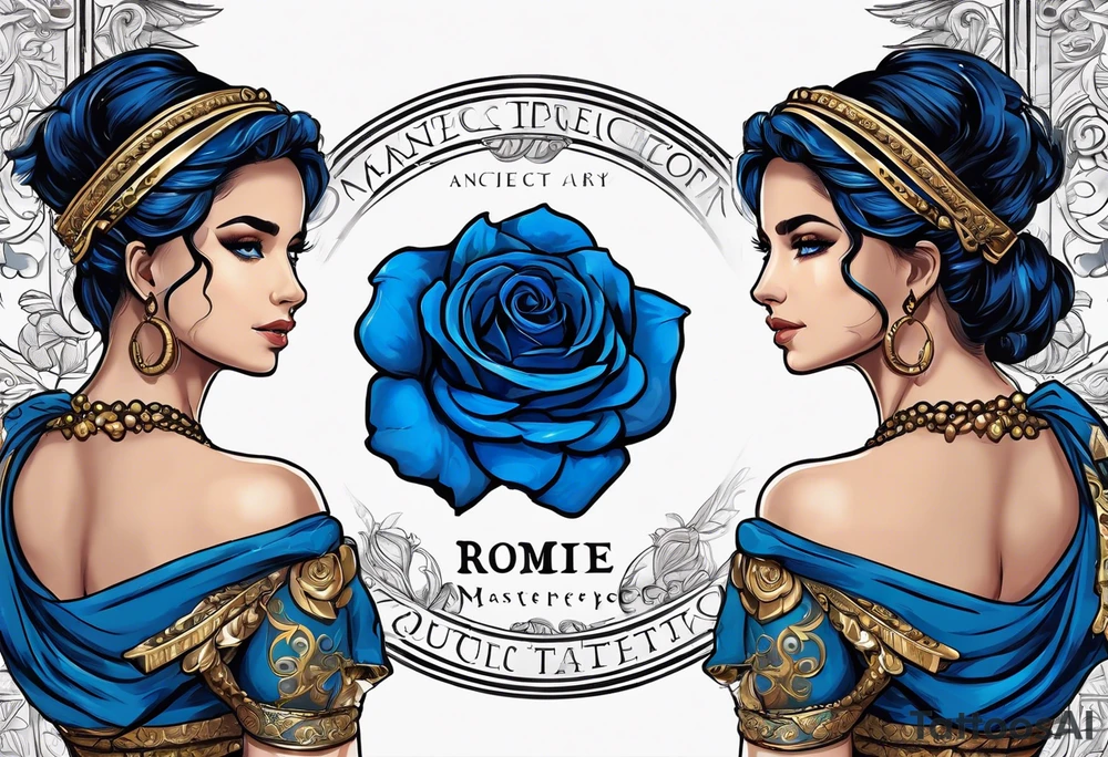 ancient rome clothes ,women,,ancient scale in one hand, blue rose frames, ladies justicia ,keeps  scale tattoo idea