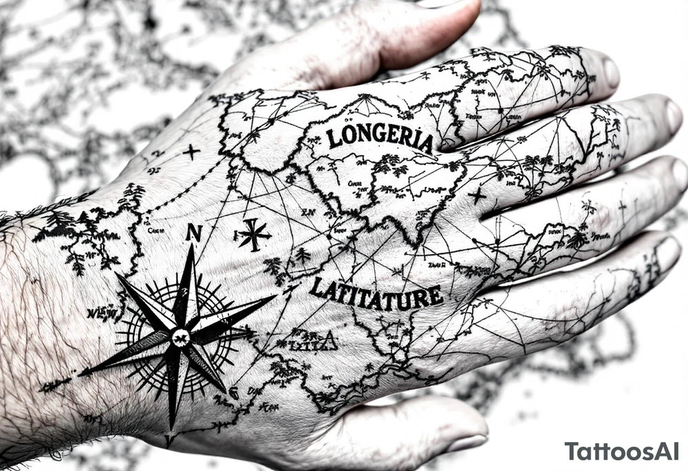 Compass on the hand in the shape of Nigeria with longitude written on the top and latitude written on the bottom. Draw lines from a treasure map connecting from the arm to the tattoo tattoo idea