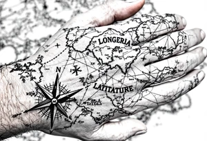 Compass on the hand in the shape of Nigeria with longitude written on the top and latitude written on the bottom. Draw lines from a treasure map connecting from the arm to the tattoo tattoo idea