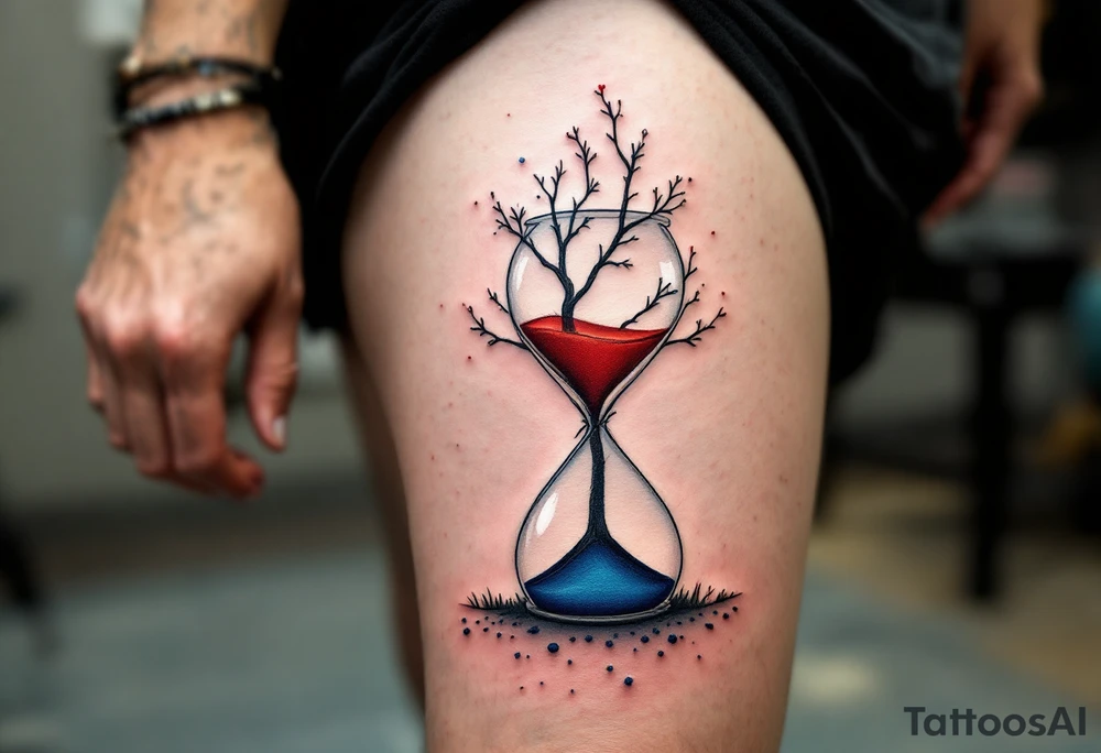 A tree single standing hourglass in three different colors of sand in white, red, and deep blue tattoo idea