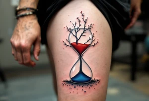 A tree single standing hourglass in three different colors of sand in white, red, and deep blue tattoo idea