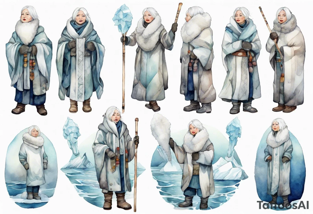 a middle aged Inuit woman with white hair, wearing mittens, wearing a white cloak, holding a white staff, wearing mukluks, standing on an iceberg in the sea tattoo idea