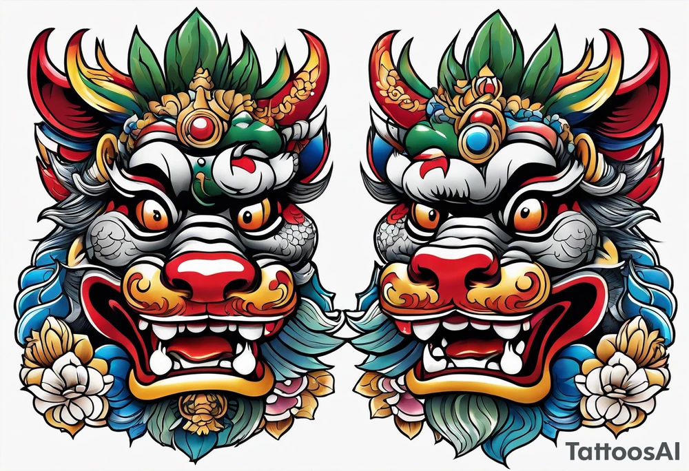 Traditional Okinawa shisa pair, One has their mouth closed, the other with their mouth open tattoo idea