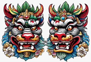 Traditional Okinawa shisa pair, One has their mouth closed, the other with their mouth open tattoo idea