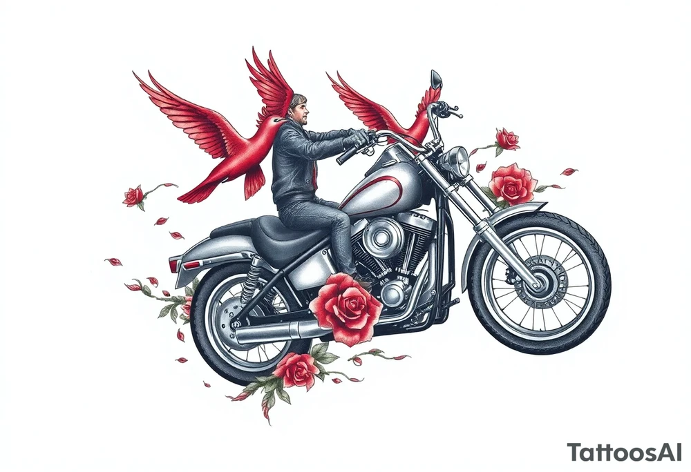 Harley grey motorcycle driving away, two red birds flying, roses and lace, flames tattoo idea