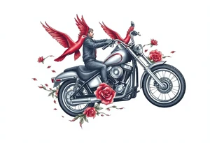 Harley grey motorcycle driving away, two red birds flying, roses and lace, flames tattoo idea