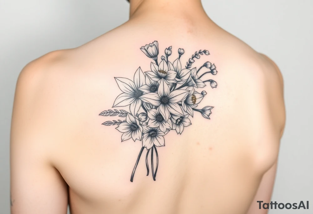 realistic bouquet of daffodils, daisies, lily of the valley on woman upper arm tattoo idea