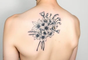 realistic bouquet of daffodils, daisies, lily of the valley on woman upper arm tattoo idea