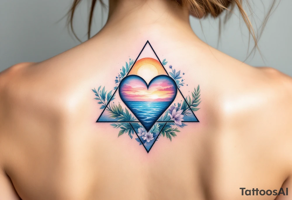 A triangle with a big heart in the center with an ocean travel theme tattoo idea