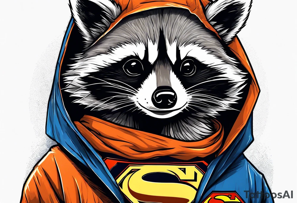 Raccoon wearing an orange Superman hoodie tattoo idea
