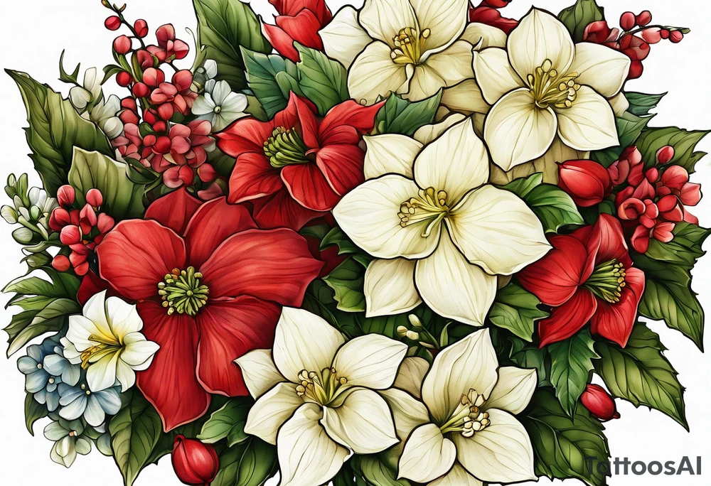 Hydrangea, Narcissus, Poinsettia, Holly, Gladiolus, Poppy, Daisy, Sweet Pea floral tattoo idea