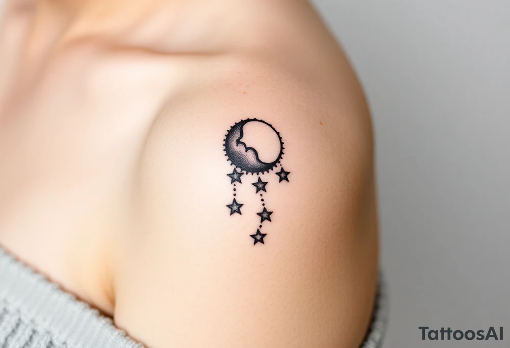 Cascade of stars with moon tattoo idea