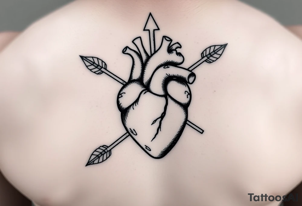 anatomical heart pierced by ornate arrow with flowing ribbons tattoo idea