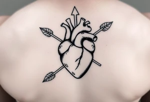 anatomical heart pierced by ornate arrow with flowing ribbons tattoo idea